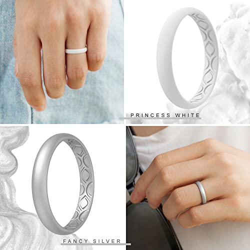 ThunderFit Silicone Wedding Rings for Women, Breathable Air Grooves Engagement Bands 3mm Wide 1.5mm Thick - 1/4/8/12 Variety Multipack (Pack W - Size 6.5-7 (17.35mm))