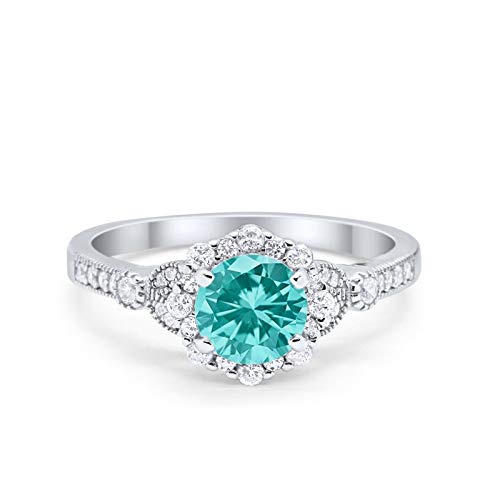 Blue Apple Co. Simulated Paraiba Tourmaline CZ Size-8 Floral Art Deco Halo Engagement Wedding Ring Round Simulated Cubic Zirconia 925 Sterling Silver