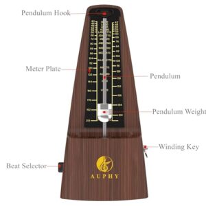 AUPHY Mechanical Metronome with Accent Bell, Classic Shape, Accurate Beat, Multiple Beat Modes, Suitable for Piano Guitar Drums Violin Saxophone etc（Wood Grain）