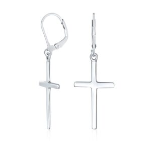 classic simple plain religious cross drop dangle earrings for women for teen secure lever back high polished .925 sterling silver