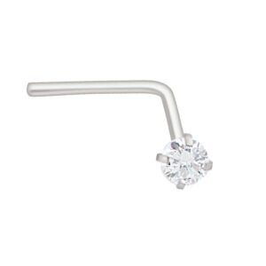 solid 14kt gold nose ring, 22g l-shaped nose stud, 14kt yellow gold or 14kt white gold nose ring prong set cz accent-wg2.5mm