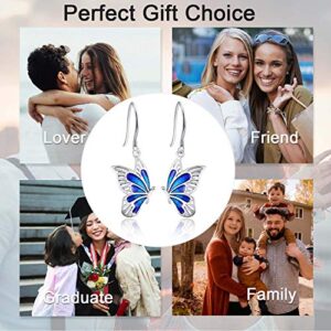 Butterfly Drop Earrings, 925 Sterling Silver Hypoallergenic Dangly Earring for Sensitive Ears Jewelry Mother Day for Women Girlfriend Butterflies Lovers with Box (Blue)