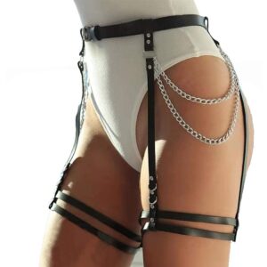 GEMILY Punk Leather Waist Chain Black Leg Harness Belt Caged Body Chain Party Body Accessory Rave Outfits Leg Chain Jewelry for Women and Girls