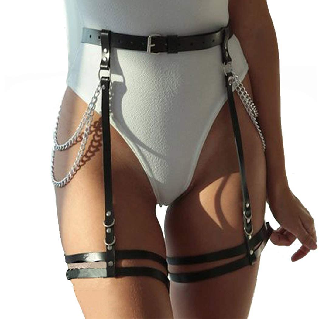 GEMILY Punk Leather Waist Chain Black Leg Harness Belt Caged Body Chain Party Body Accessory Rave Outfits Leg Chain Jewelry for Women and Girls