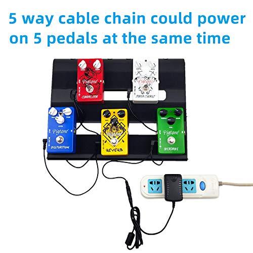 Pigtone DC 9V Guitar Pedal Power Supply AC Wall Charger Adapter 9V DC 1A 1000mA Tip Negative 5 Way Daisy Chain Pedal Cables for Most Guitar Effect Pedals