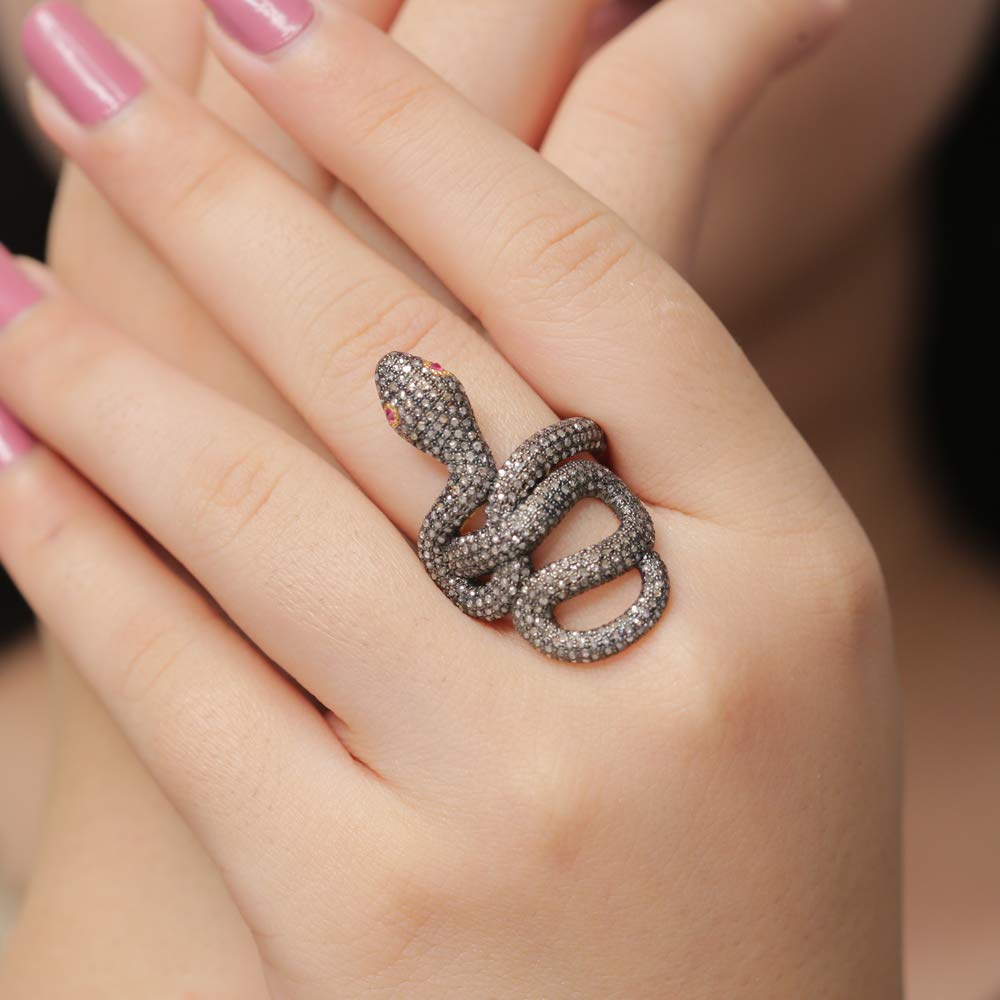 Diamond Ruby Snake Ring in 925 Sterling Silver | Black Brown Snake Ring 1.25 Carat Brown Natural Diamond (I2-I3 Clarity) Deep Real Ruby For Women Gifts, Designer Ring