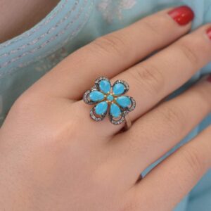 Shweta Creations Handmade Natural Diamond Ring,Diamond Flower Ring With 0.2 Carat Brown Natural Diamond (I2-I3 Clarity) And 2 cts. Blue Soothing Turquoise For Women Gifts On Birthday Anniversary