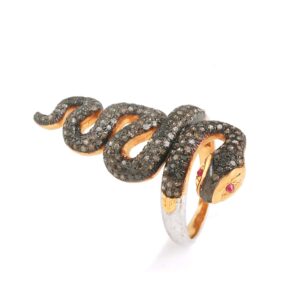 handmade natural diamond ring,black brown snake ring with deep rich ruby and 1 carat brown natural diamond (i2-i3 clarity size : 8.25) for women