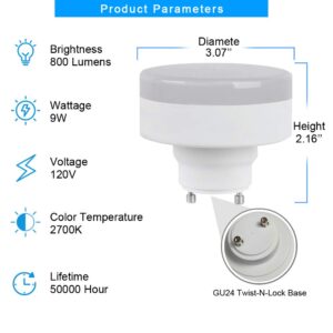 CRIOO GU24 LED Puck Light Bulb, 9W(60w CFL Equivalent), 2700K, 800LM, UL Listed, 2 Prong Light Bulbs for Home Kitchen Closet, Mini Twist Lock Spiral Low Profile Squat Bulb (2 Pack)