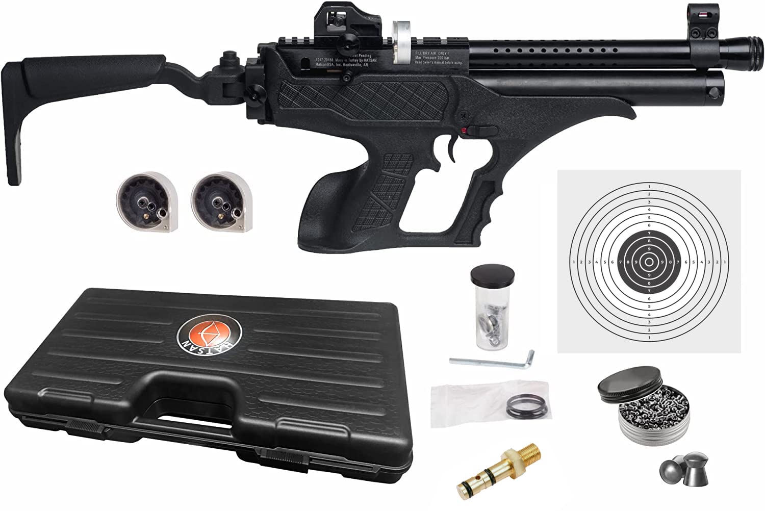 Hatsan Sortie Tact Semi-Auto PCP Synthetic .25 Cal Air Pistol with Wearable4U 100x Paper Targets and 150x .25cal Pellets Bundle