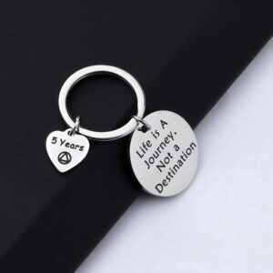 BEKECH Sober Gift Sobriety Anniversary Keychain Life is A Journey Not A Destination 1 Month 6 Months 1 Year 2 Years 3 Year AA Yearly Recovery Jewelry Gift for Women Men (silver 5years)