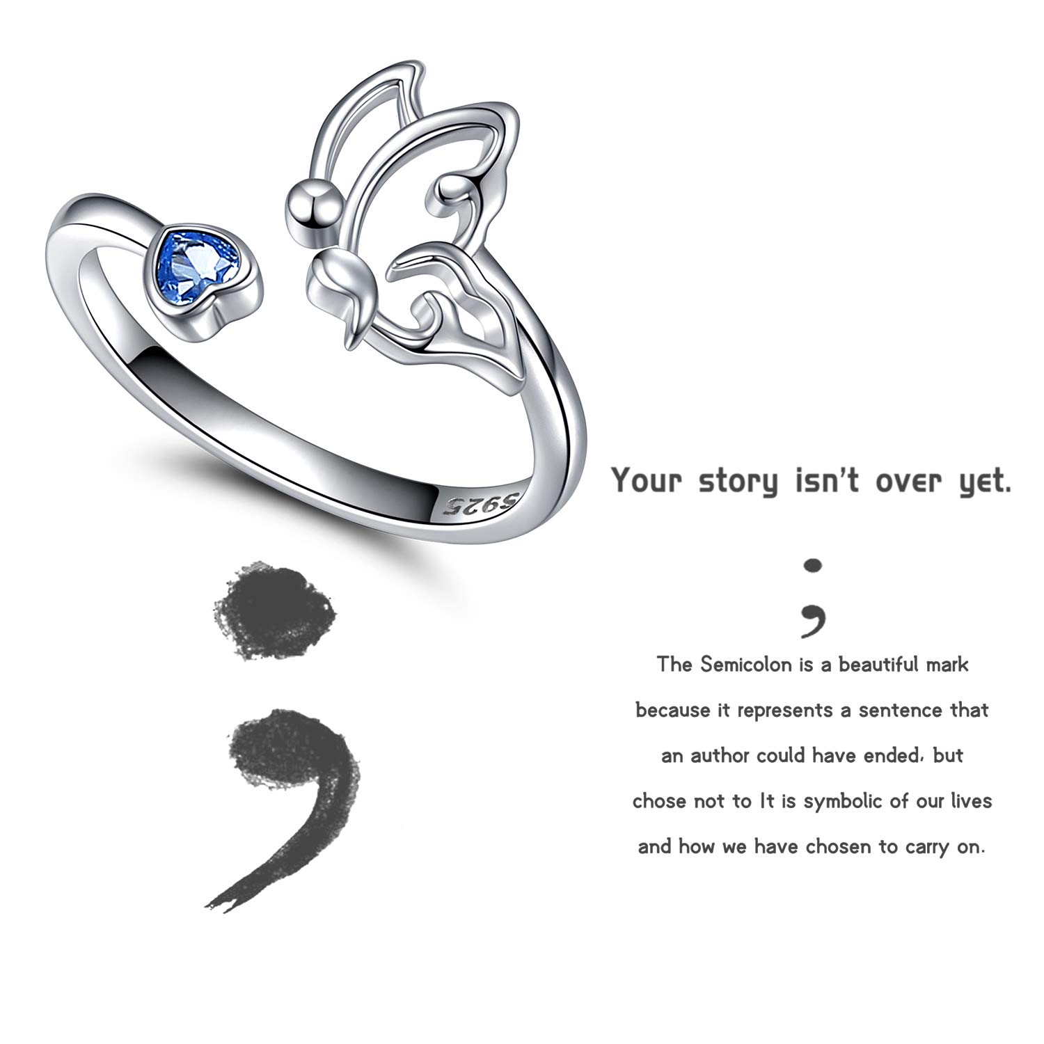 Butterfly Semicolon Ring 925 Sterling Silver Mental Health Awareness Inspired Rings Jewelry Gifts (A)