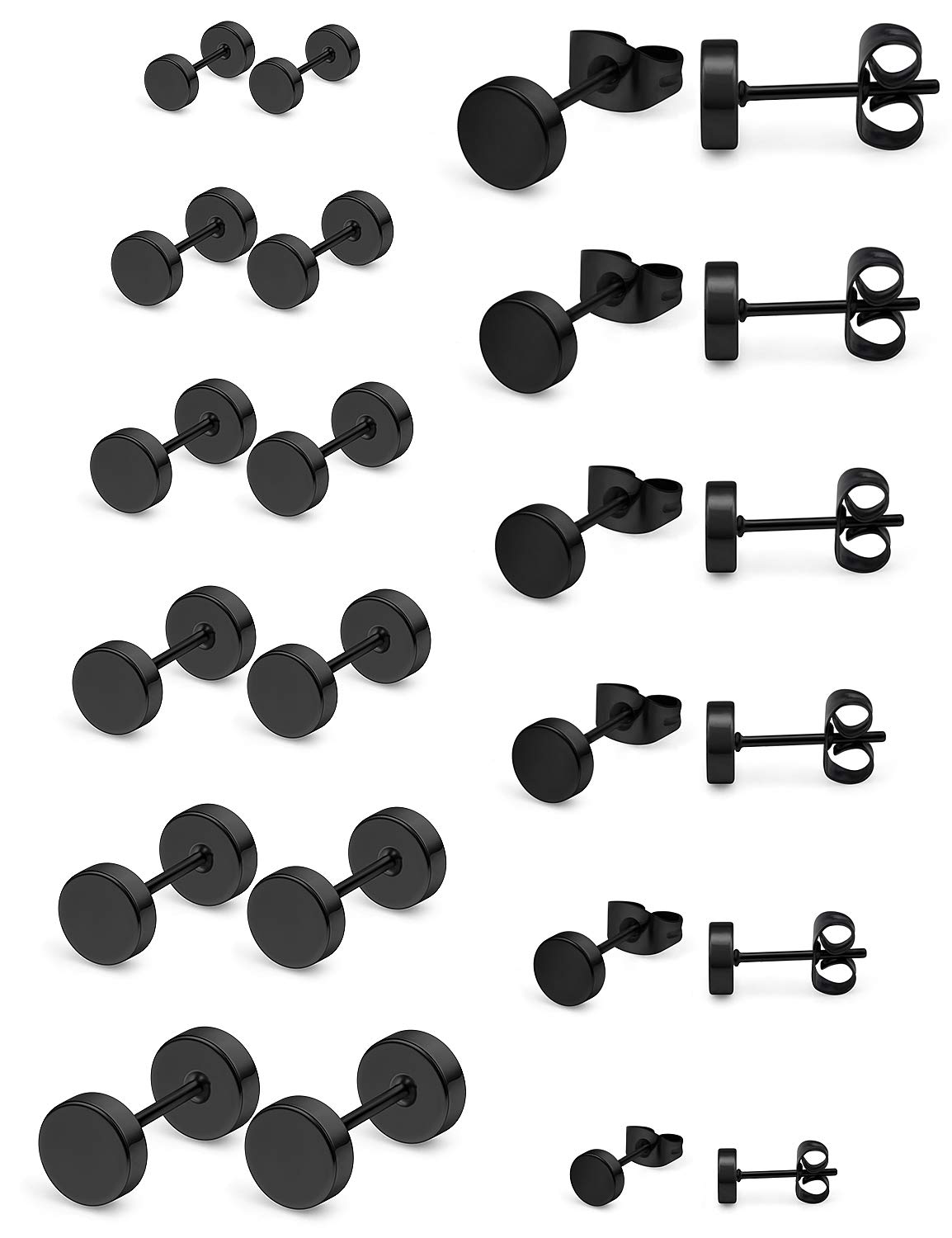 Ftovosyo 12 Pairs Black Stud Earrings for Men Stainless Steel Round Disc Faux Gauges Ear Studs for Women 3mm-8mm