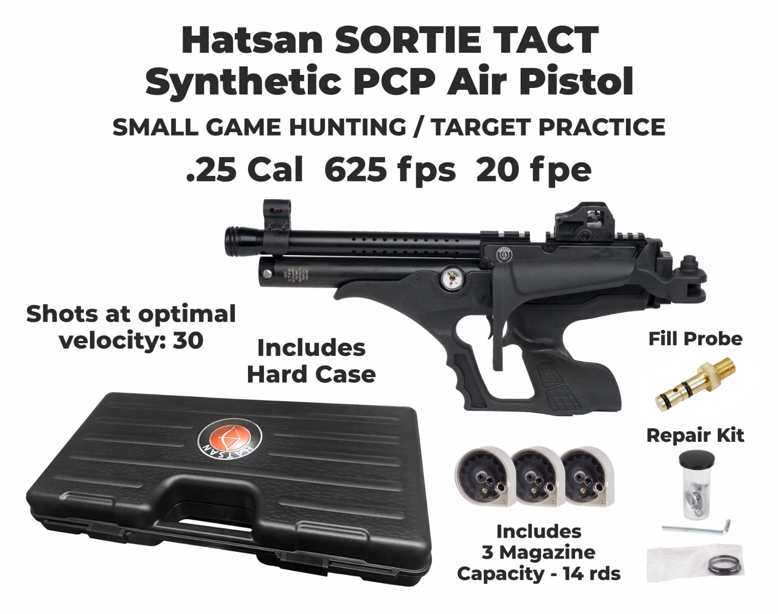 Hatsan Sortie Tact Semi-Auto PCP Synthetic .25 Cal Air Pistol with Wearable4U 100x Paper Targets and 150x .25cal Pellets Bundle