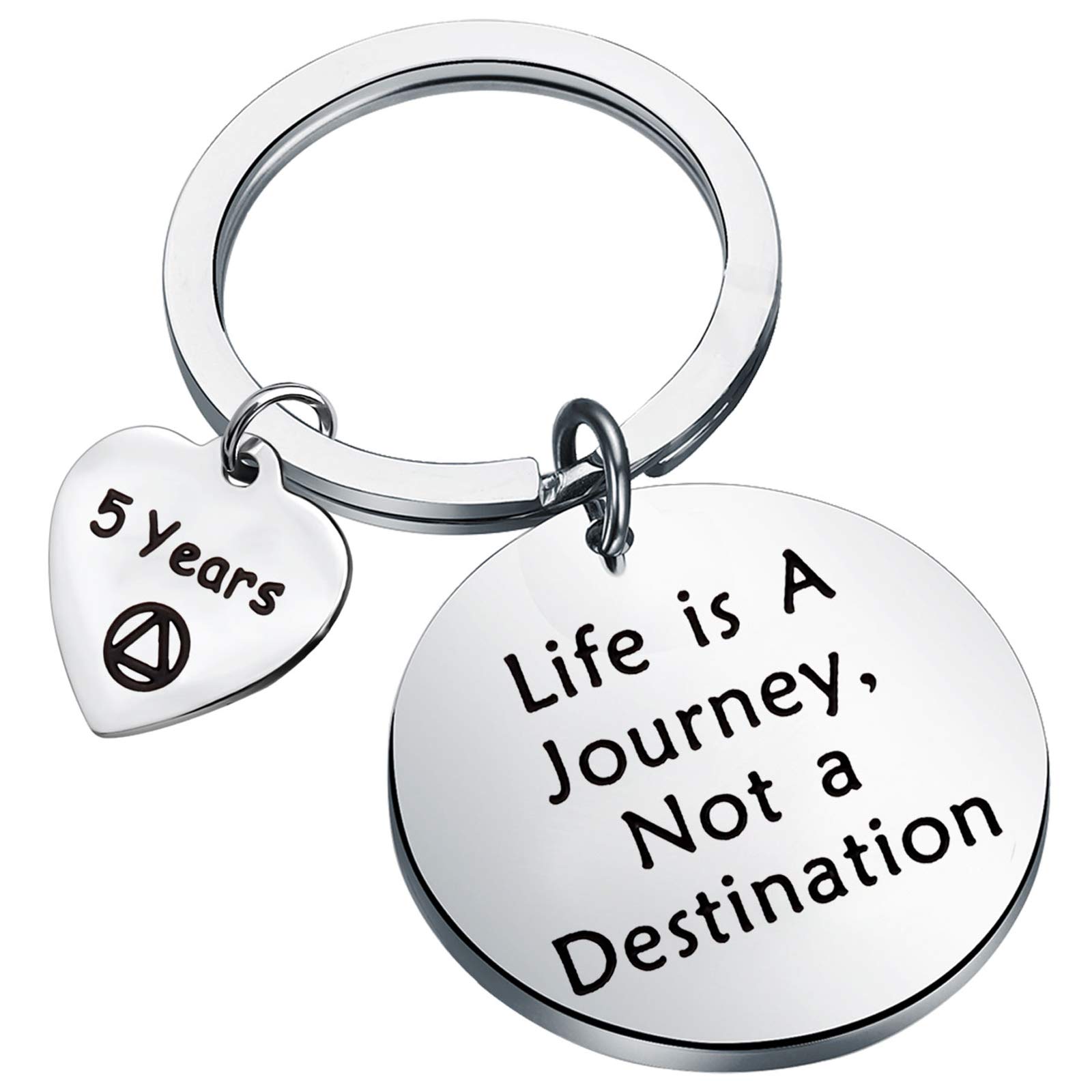 BEKECH Sober Gift Sobriety Anniversary Keychain Life is A Journey Not A Destination 1 Month 6 Months 1 Year 2 Years 3 Year AA Yearly Recovery Jewelry Gift for Women Men (silver 5years)