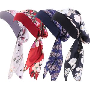 greenf 4 pieces chemo headwear elastic turbans for women vintage silky turbans bonnet long hair head scarf headwraps cancer printing hat sleep hat cap red black, 22-23inch