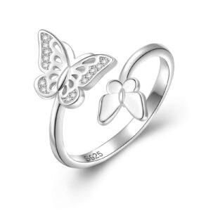 FLYOW Butterfly Ring 925 Sterling Silver Double Butterfly Wrap Around Ring with White CZ Adjustable Thumb Open Rings for Women Jewelry Gifts