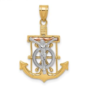 14k Tri-color Diamond-cut w/Textured Mariner's Cross Pendant QC3930