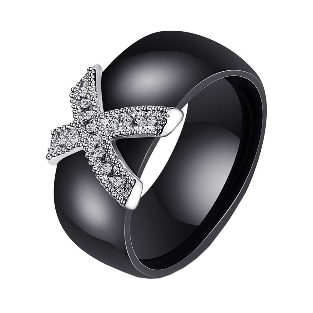 PAURO Women's Ceramic Round Cubic Zirconia Engagement Wedding Band Ring X Shape Black Size 9