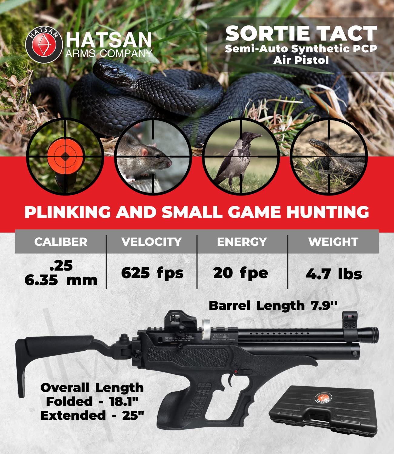 Hatsan Sortie Tact Semi-Auto PCP Synthetic .25 Cal Air Pistol with Wearable4U 100x Paper Targets and 150x .25cal Pellets Bundle