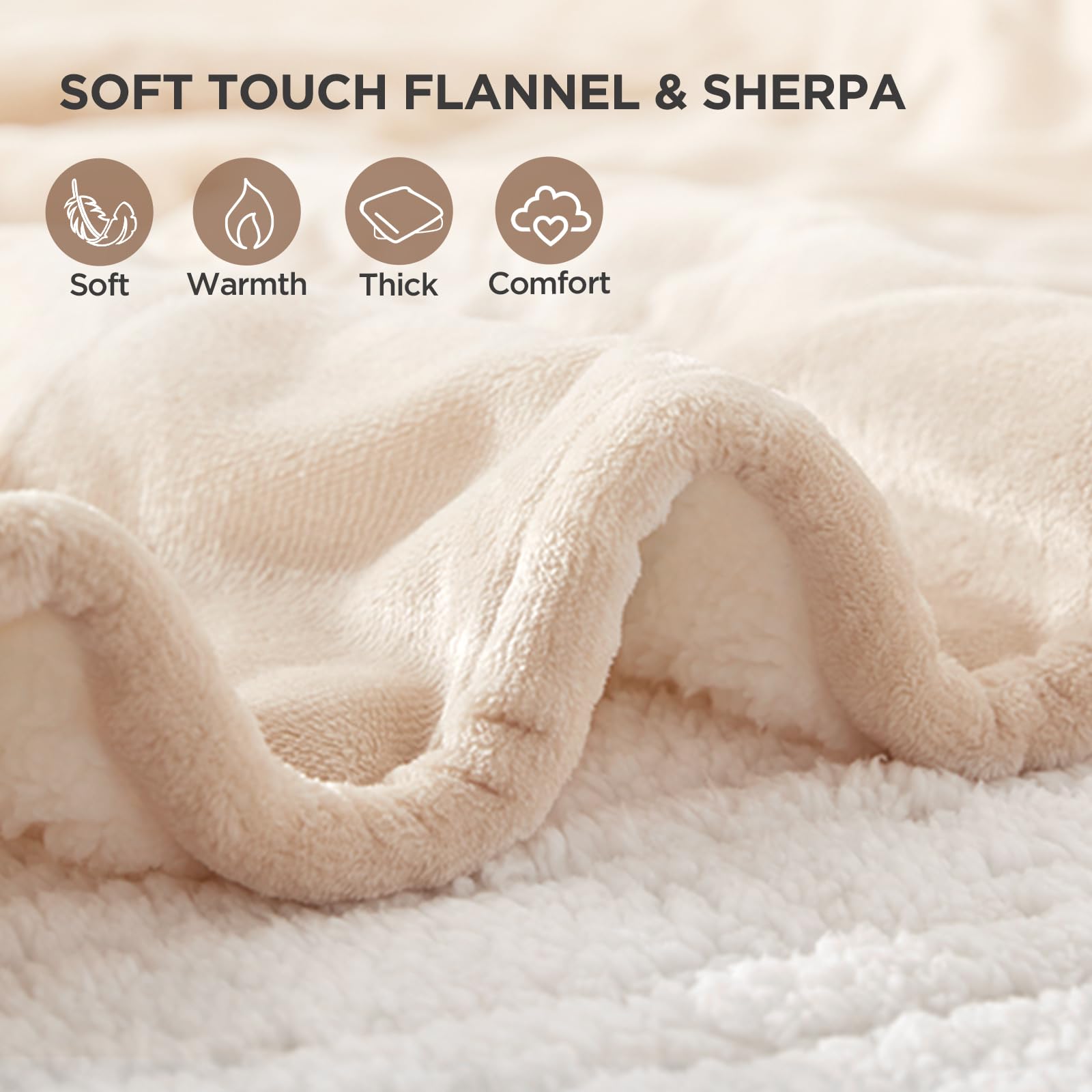 Westinghouse Heated Throw Blanket, Soft Flannel to Sherpa Electric Throw with 6 Heating Levels, 2-10 Hours Time Settings, Fast Heating, Machine Washable 50x60 Inch, Ivory