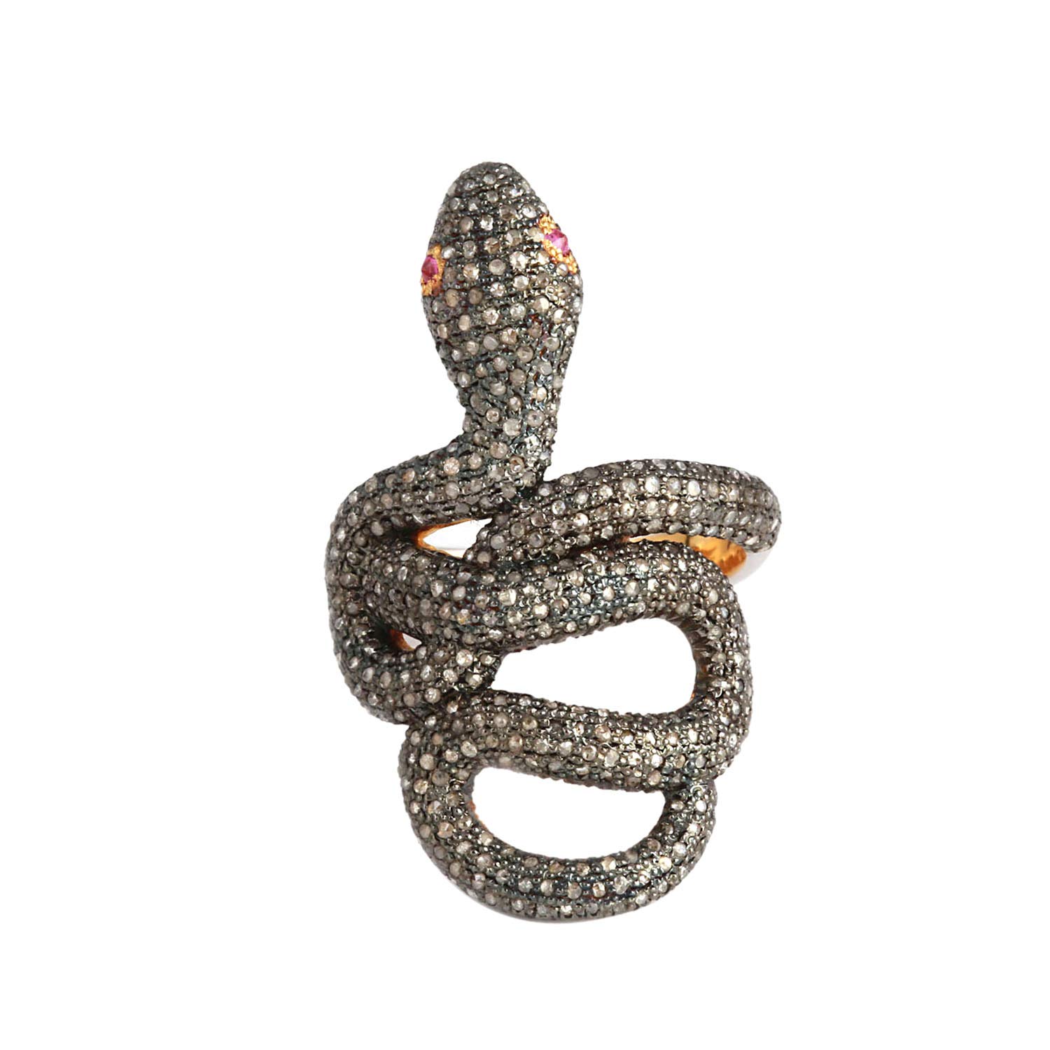 Diamond Ruby Snake Ring in 925 Sterling Silver | Black Brown Snake Ring 1.25 Carat Brown Natural Diamond (I2-I3 Clarity) Deep Real Ruby For Women Gifts, Designer Ring