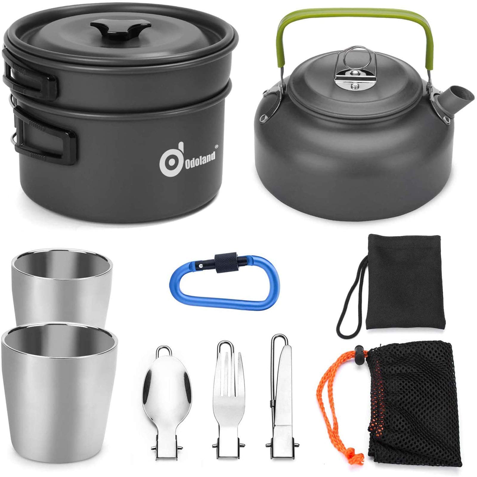 Odoland Bundle – 2 Items 10pcs Camping Cookware Mess Kit and 8 Pcs Camping Cookware Utensils Travel Set for Backpacking, Outdoor Camping