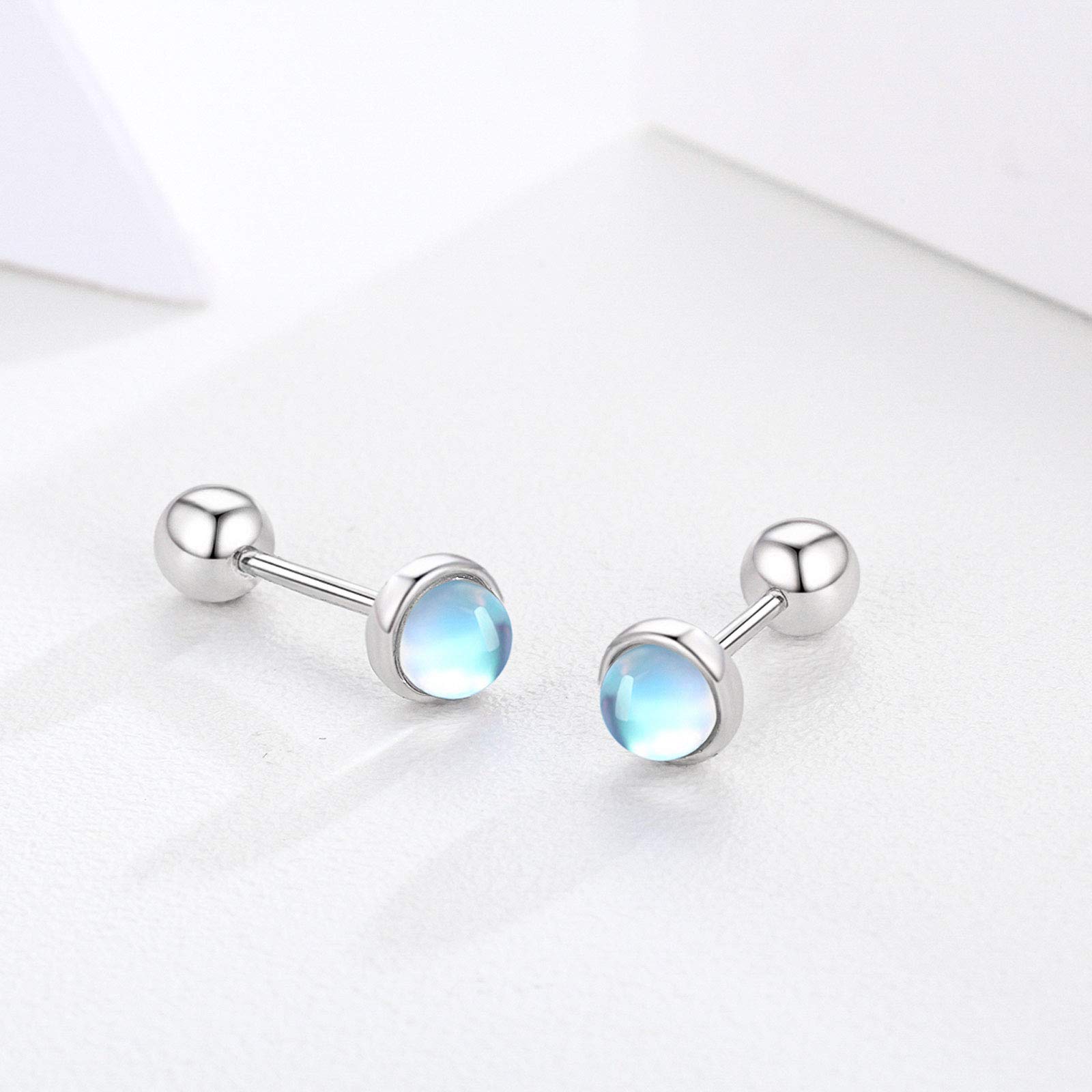 Moonstone Earrings 925 Sterling Silver Tragus Earrings Cartilage Earrings Screw Back Earrings Helix Piercing Jewelry Hypoallergenic Earrings for Women (A-Silver, 4)