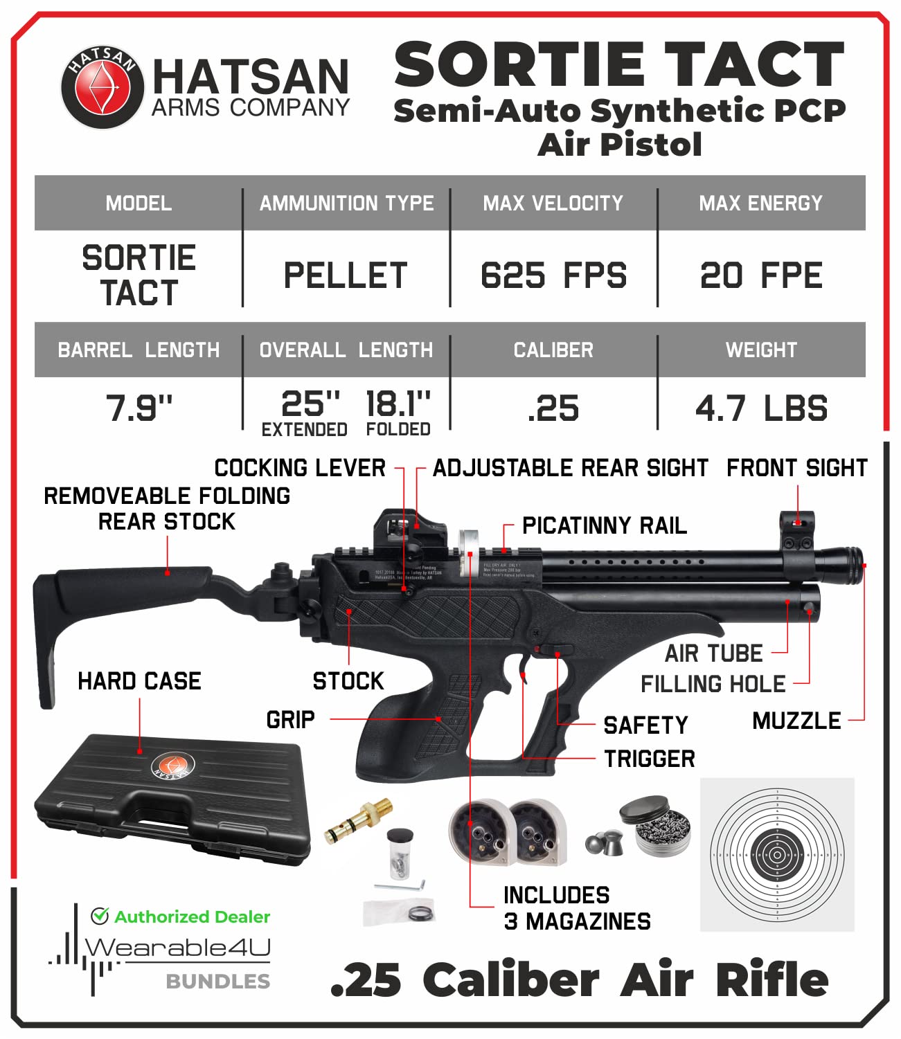 Hatsan Sortie Tact Semi-Auto PCP Synthetic .25 Cal Air Pistol with Wearable4U 100x Paper Targets and 150x .25cal Pellets Bundle