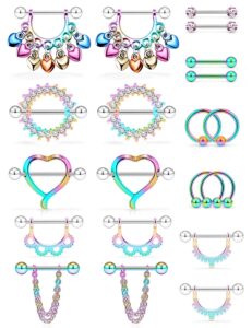 ftovosyo 20pcs nipple ring 14g surgical steel tongue nipplerings barbell bar hoop rings retainer cz heart chain dangle nipple piercing jewelry for women men 14mm (9/16 inch) rainbow