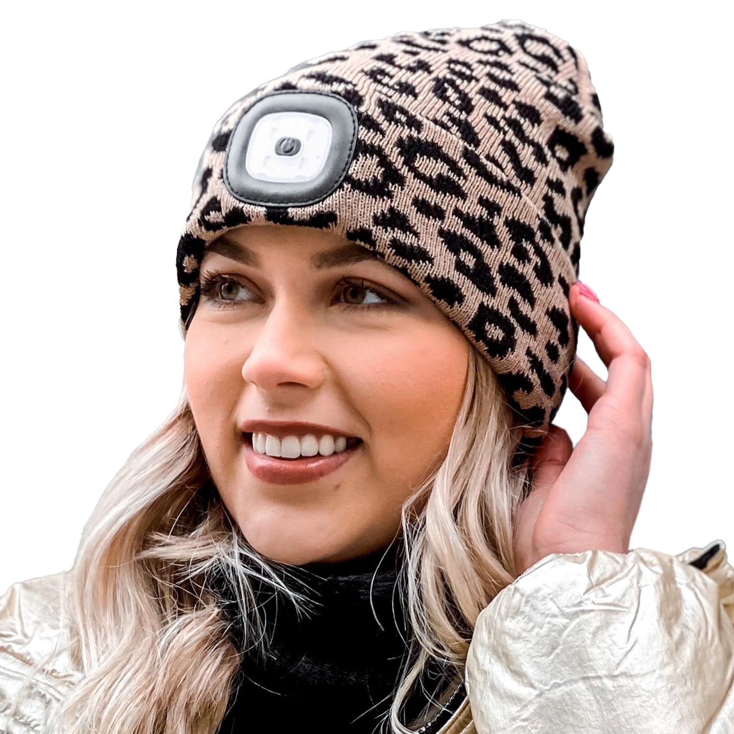 HEAD LIGHTZ Headlightz by Roq Innovation - Beanie with Light, Unisex LED Beanie Hat with Light Built in, Rechargeable, Leopard