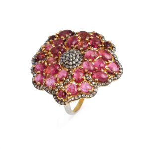 Certified Gemstone diamond Ring with 1.38 Carat Brown Natural Diamond (I2-I3 Clarity) and Precious 10.95 cts. Pink-Tourmaline 925 Sterling Silver Flower Ring For Women, Big Ring