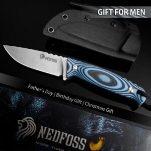 NedFoss Hyenas Bushcraft Knife with Fire Starter, 3.5" 440C Steel Camping Knife with Kydex Sheath, Blue G10 Handle for Outdoor, TAC, Gift