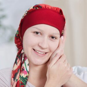 Greenf 4 Pieces Chemo Headwear Elastic Turbans for Women Vintage Silky Turbans Bonnet Long Hair Head Scarf Headwraps Cancer Printing Hat Sleep Hat Cap Red Black, 22-23inch