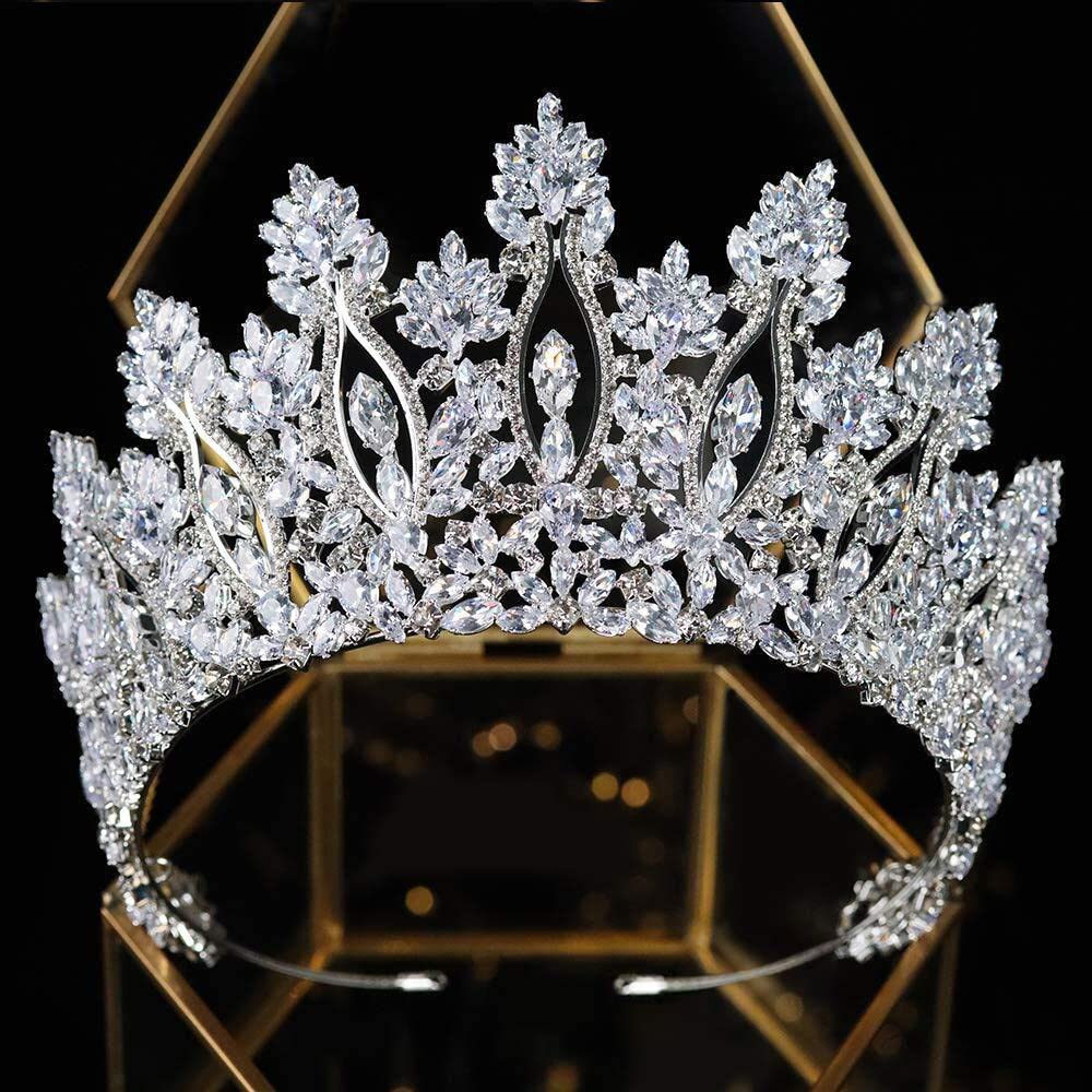 Aoligrace Luxury Tall Cubic Zirconia Tiaras and Crowns for Women CZ Pageant Birthday Headpiece Party Bridal Hair Accessories Sliver