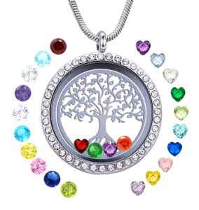 goking family tree of life floating locket necklace with 24 birthstones, 30mm diy charms living memory stainless steel pendant, gifts for mom grandma aunt nieces daughter women