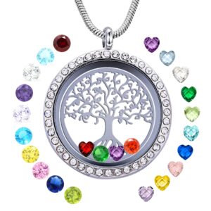 GOKING Family Tree of Life Floating Locket Necklace with 24 Birthstones, 30mm Diy Charms Living Memory Stainless Steel Pendant, Gifts for Mom Grandma Aunt Nieces Daughter Women