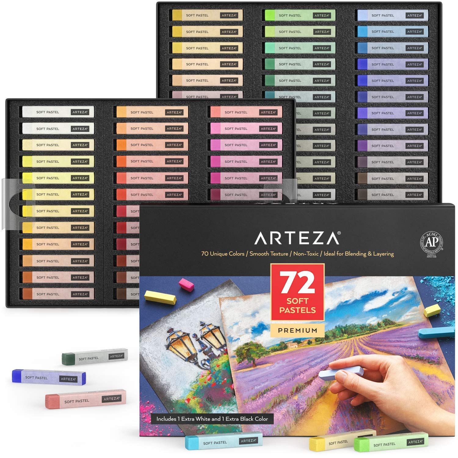 ARTEZA Soft Pastels for Artists, Set of 72 Chalk Pastels for Artists Sticks, Chalk Crayons Art Supplies for Drawing, Blending, Layering, and Shading