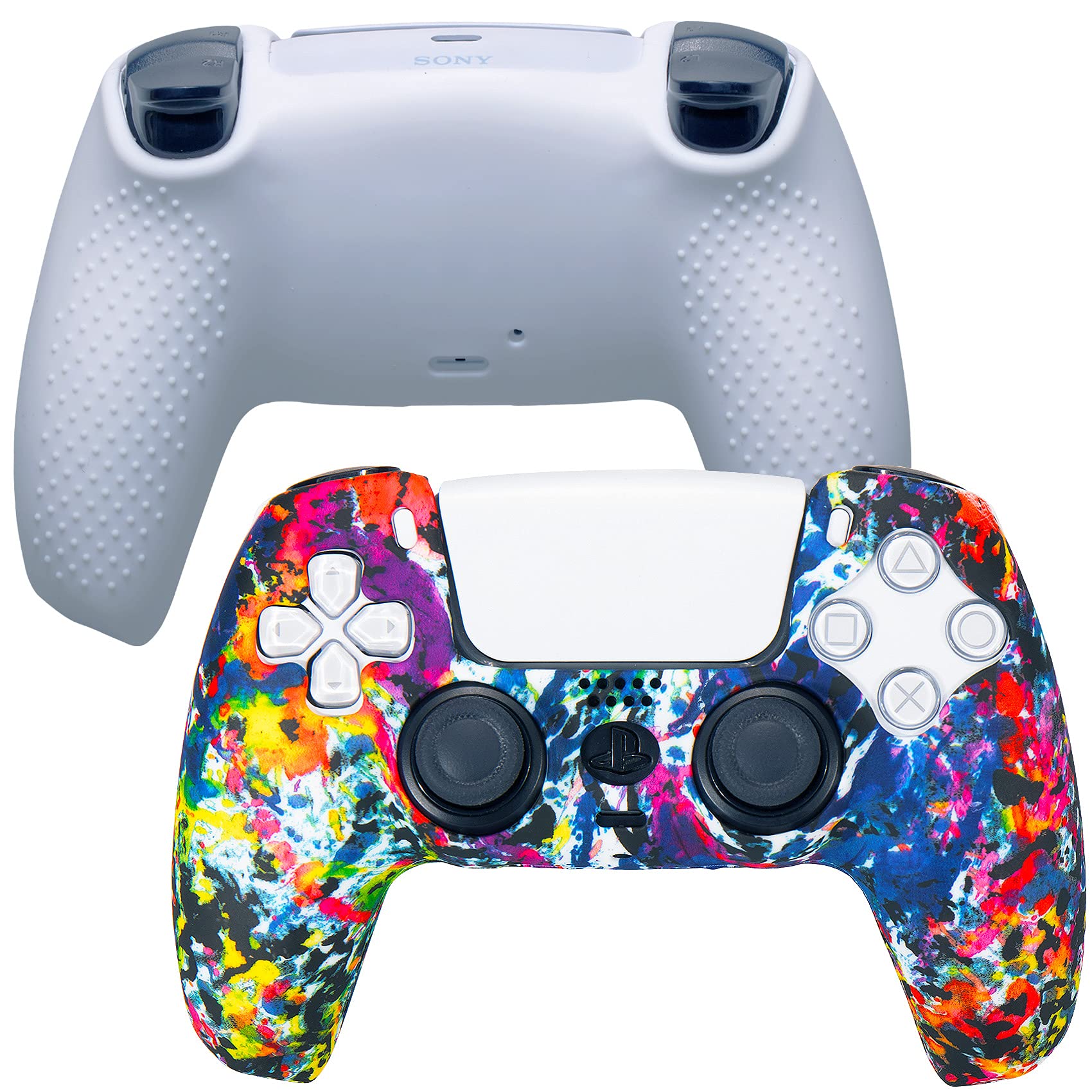 9CDeer 1 Piece of Silicone Transfer Print Protective Cover Skin + 10 Thumb Grips for Playstation 5 / PS5 Controller Watercolor