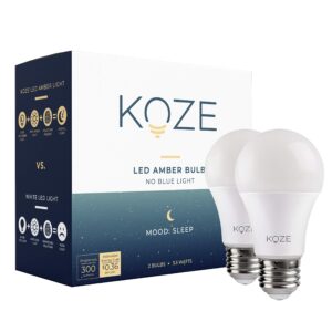 koze sleep light bulb 2-pack amber lights blue - blocking led light bulb - 1600k color temp w/no blue light - sleep aid for baby nursery light, 3.5 watt