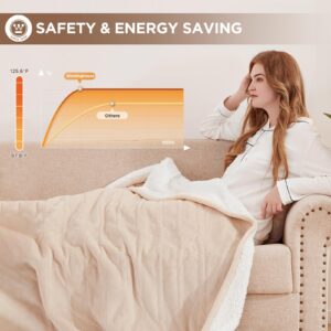 Westinghouse Heated Throw Blanket, Soft Flannel to Sherpa Electric Throw with 6 Heating Levels, 2-10 Hours Time Settings, Fast Heating, Machine Washable 50x60 Inch, Ivory