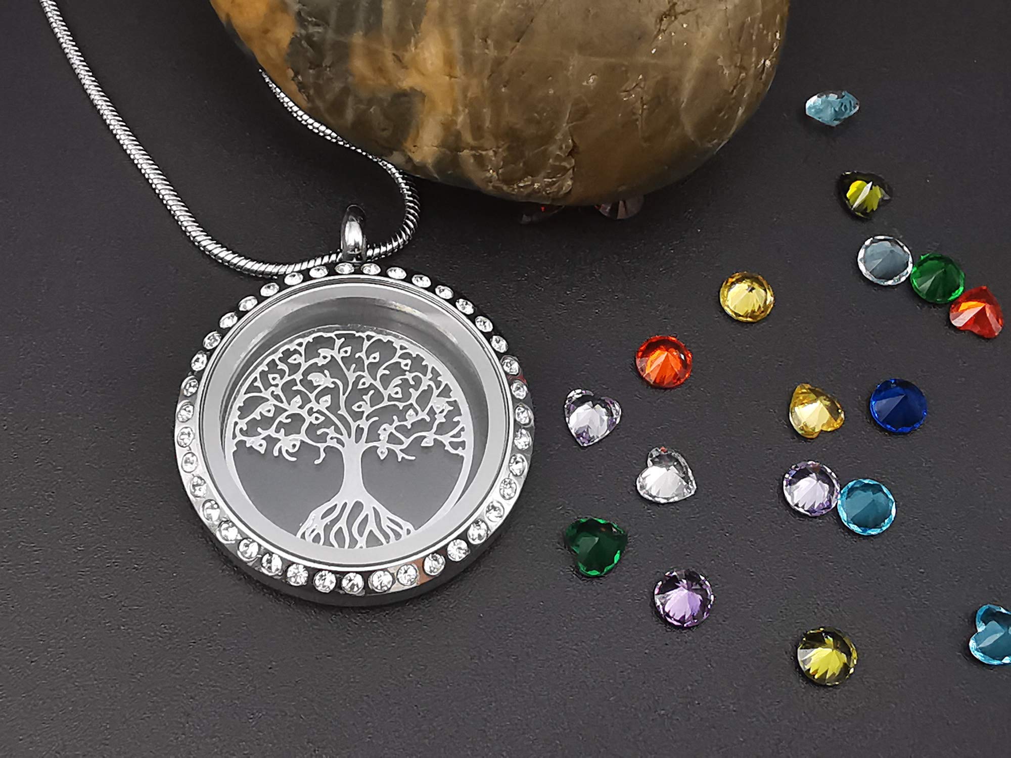 GOKING Family Tree of Life Floating Locket Necklace with 24 Birthstones, 30mm Diy Charms Living Memory Stainless Steel Pendant, Gifts for Mom Grandma Aunt Nieces Daughter Women