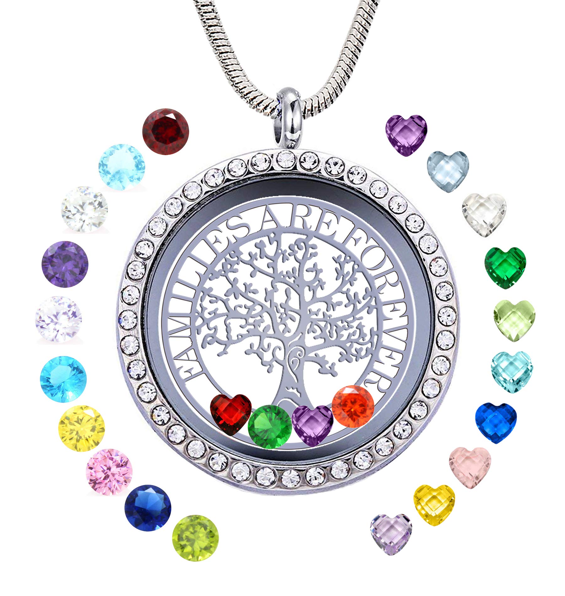 GOKING Famliy Tree of Life Necklace, Familes Are Forever Diy Family Charms Memory Floating Locket Pendant with 24 Birthstones for Mom Mother Mummy Grandma Nana Aunt Niece Women