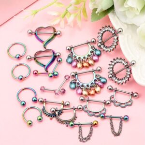 Ftovosyo 20Pcs Nipple Ring 14G Surgical Steel Tongue Nipplerings Barbell Bar Hoop Rings Retainer CZ Heart Chain Dangle Nipple Piercing Jewelry for Women Men 14MM (9/16 Inch) Rainbow