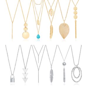 fecsiory 12 pcs long pendant necklace for women, gold bar feather triangle leaf lock tassel y necklace jewelry set