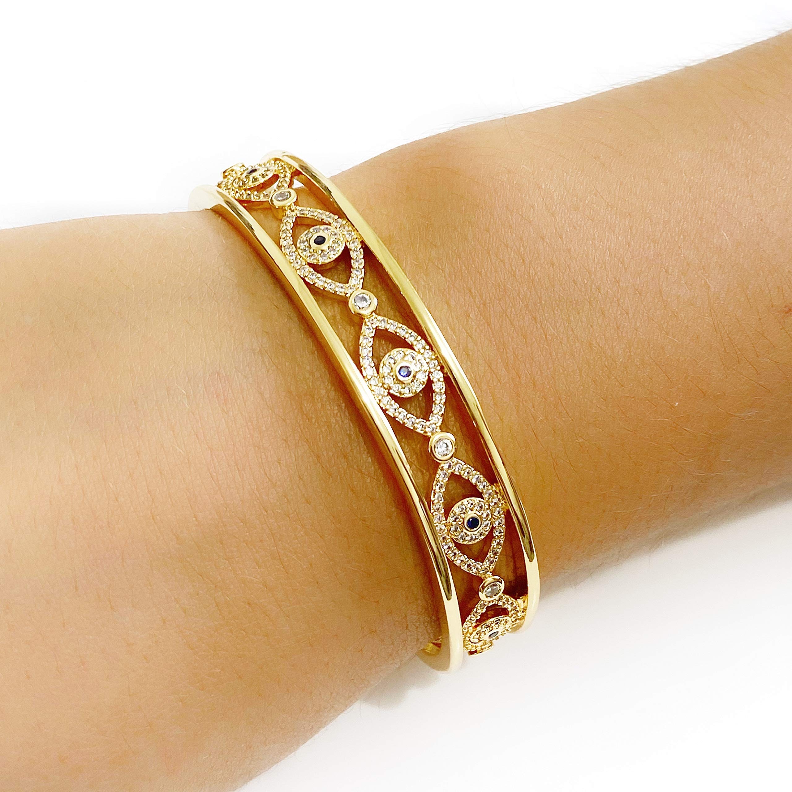 LESLIE BOULES 18K Gold Plated Evil Eye Cuff Bracelet for Women Fashion Jewelry