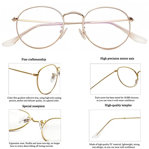 HJSTES Round Blue Light Glasses for Women Men Retro Circle Clear Lens Metal Frame Eyeglasses (Rose Gold)