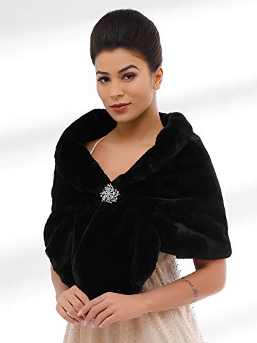 Unicra Wedding Fur Wraps and Shawls Faux Fox Fur Stoles Winter Cover Up with Rhinestones Brooch for Women and Girls (US 4-14(S-M), Black)