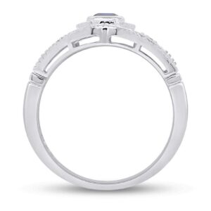 AFFY 10K Solid White Gold Vintage Style Cushion & Round Simulated Sapphire & White Natural Diamond Engagement Ring Size 7