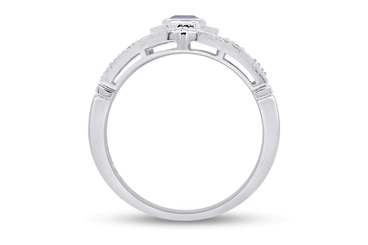 AFFY 10K Solid White Gold Vintage Style Cushion & Round Simulated Sapphire & White Natural Diamond Engagement Ring Size 7